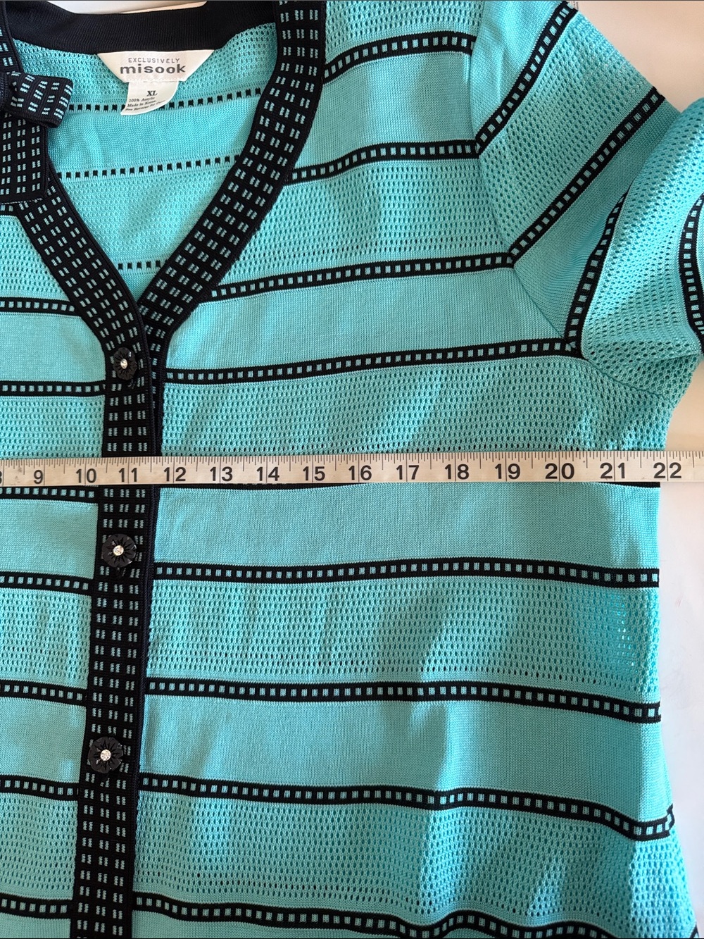 Misook Womens Aqua Blue Black Stripe Bow Button Front Cardigan size XL - Picture 6 of 8